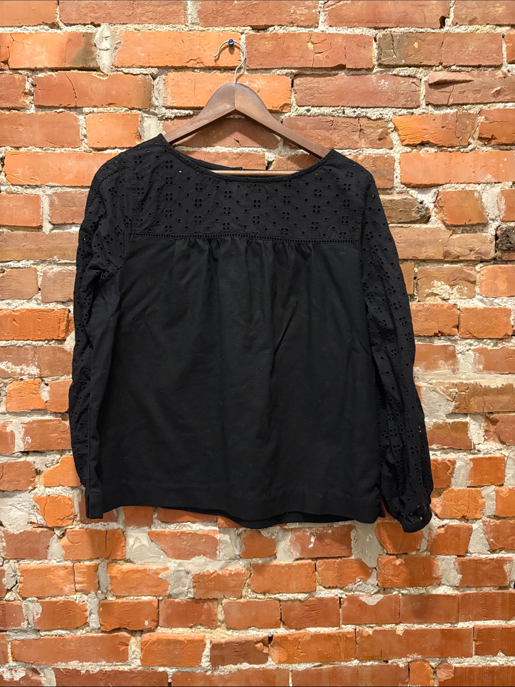 J. Crew Black Linen Eyelet Long-Sleeve Women's Top